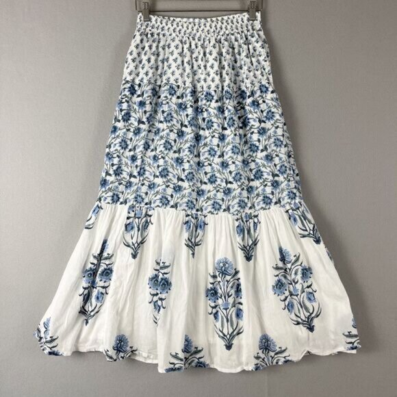 Roller Rabbit Loreli Lucila Maxi Skirt Womens XSS Blue Floral Tiered Ruffle - Picture 1 of 16